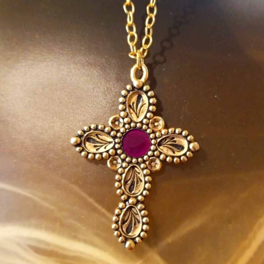 Gold Plated Ornate Cross Burgundy Stone Necklace